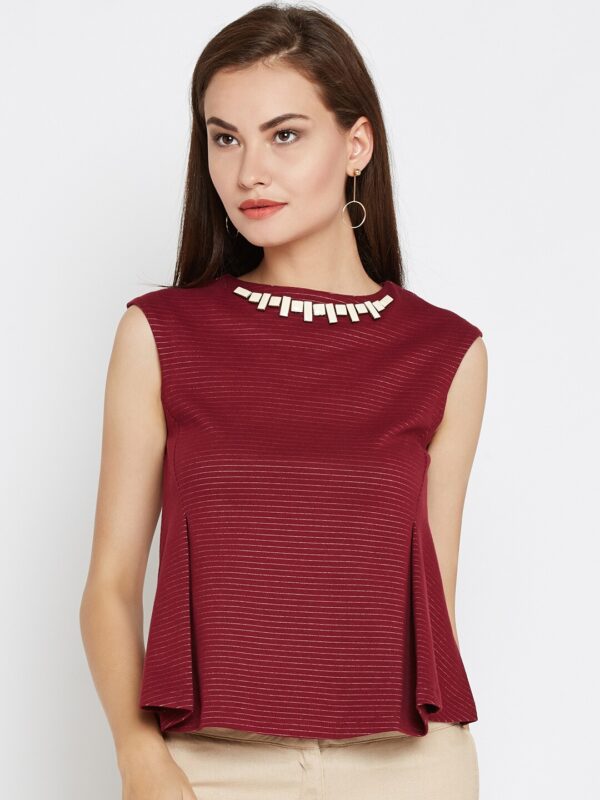 Wills Lifestyle Women Burgundy Striped Pleated A-Line Top