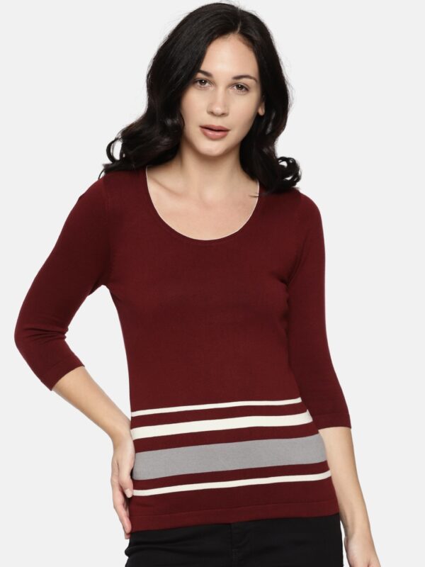 Wills Lifestyle Women Maroon Striped Fitted Top