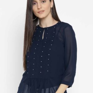 Wills Lifestyle Women Navy Sheer Embellished Top