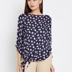 Wills Lifestyle Women Navy Blue Printed Semi-Sheer Top