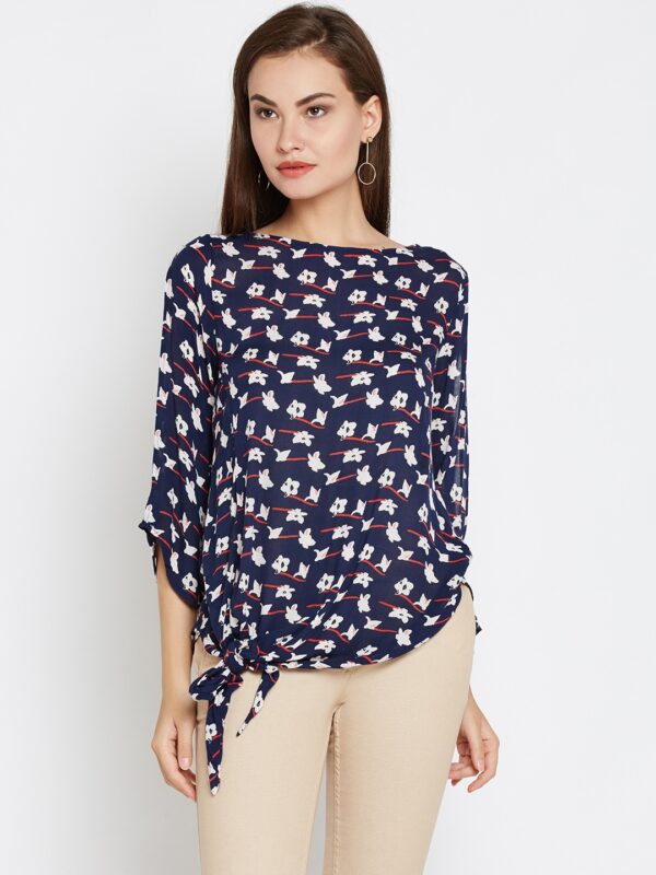 Wills Lifestyle Women Navy Blue Printed Semi-Sheer Top