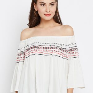 Wills Lifestyle Women Off-White Embroidered Detail Bardot Top