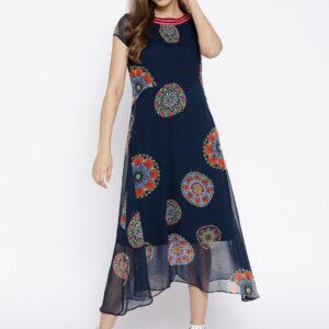 Wills Lifestyle Women Navy Blue  Pink Printed Maxi Dress