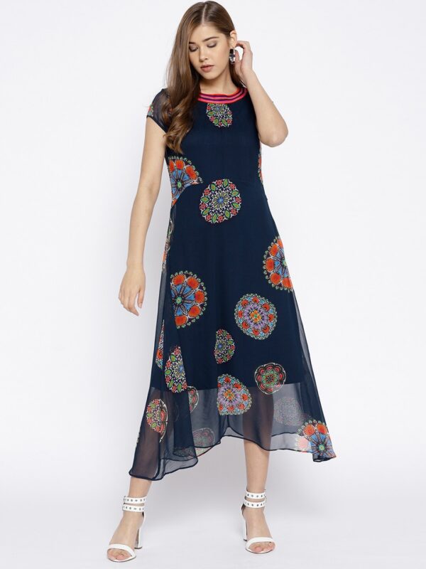 Wills Lifestyle Women Navy Blue  Pink Printed Maxi Dress