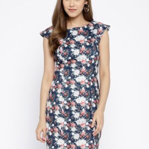 Wills Lifestyle Women Navy Blue  White Floral Print Sheath Dress