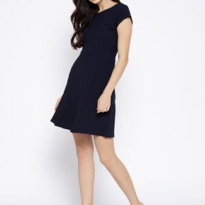 Wills Lifestyle Women Navy Blue Solid Fit and Flare Dress