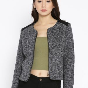 Wills Lifestyle Women Grey Melange  Black Colorblocked Collarless Tailored Jacket