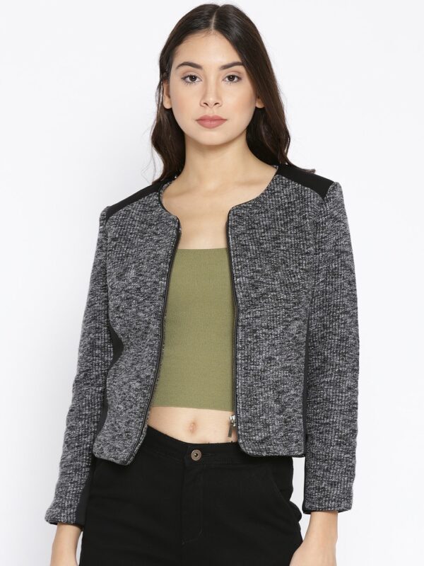 Wills Lifestyle Women Grey Melange  Black Colorblocked Collarless Tailored Jacket