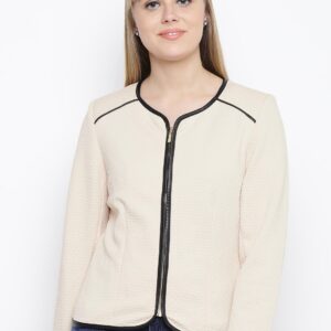 Wills Lifestyle Women Cream-Coloured Self-Design Collarless Tailored Jacket