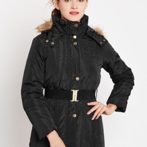 Wills Lifestyle Women Black Solid Parka Jacket with Detachable Hood