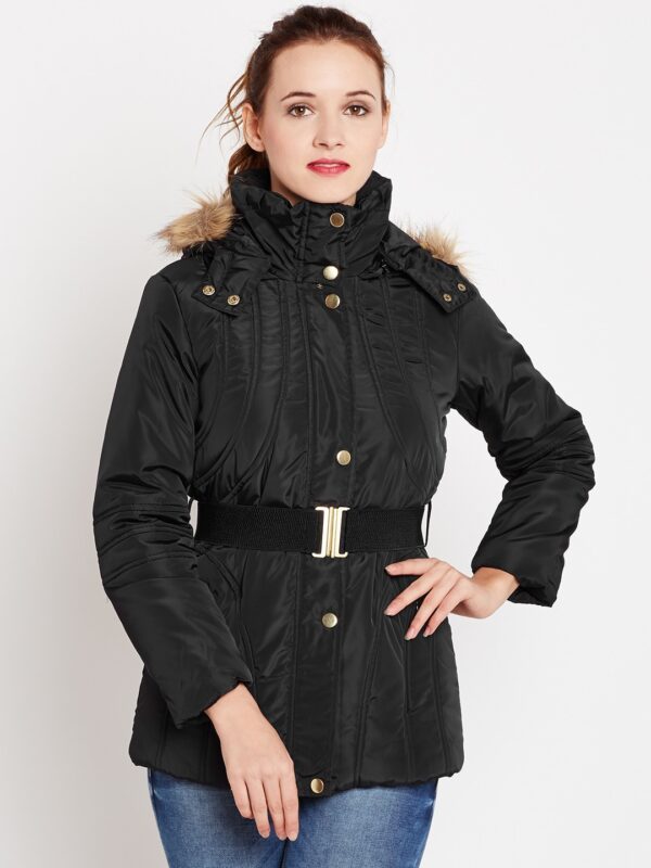 Wills Lifestyle Women Black Solid Parka Jacket with Detachable Hood