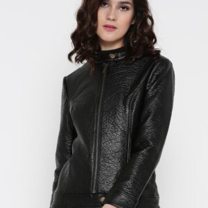 Wills Lifestyle Women Black Solid Biker Jacket