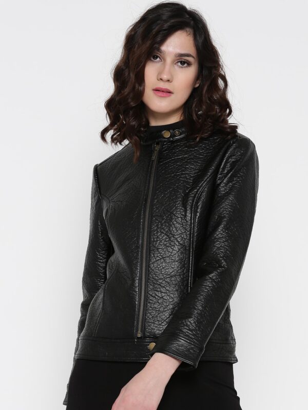 Wills Lifestyle Women Black Solid Biker Jacket