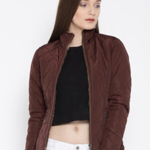 Wills Lifestyle Women Burgundy Solid Quilted Jacket