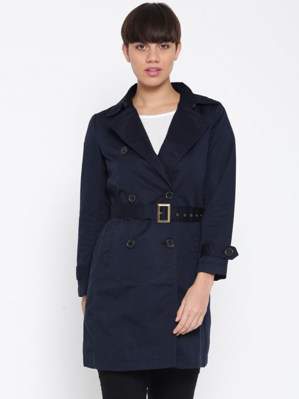 Wills Lifestyle Women Navy Solid Trench Coat