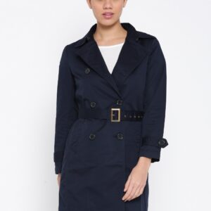 Wills Lifestyle Women Navy Solid Trench Coat