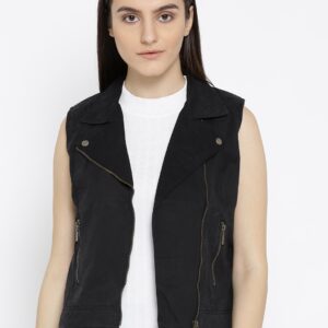 Wills Lifestyle Women Black Solid Asymmetric Closure Biker Jacket