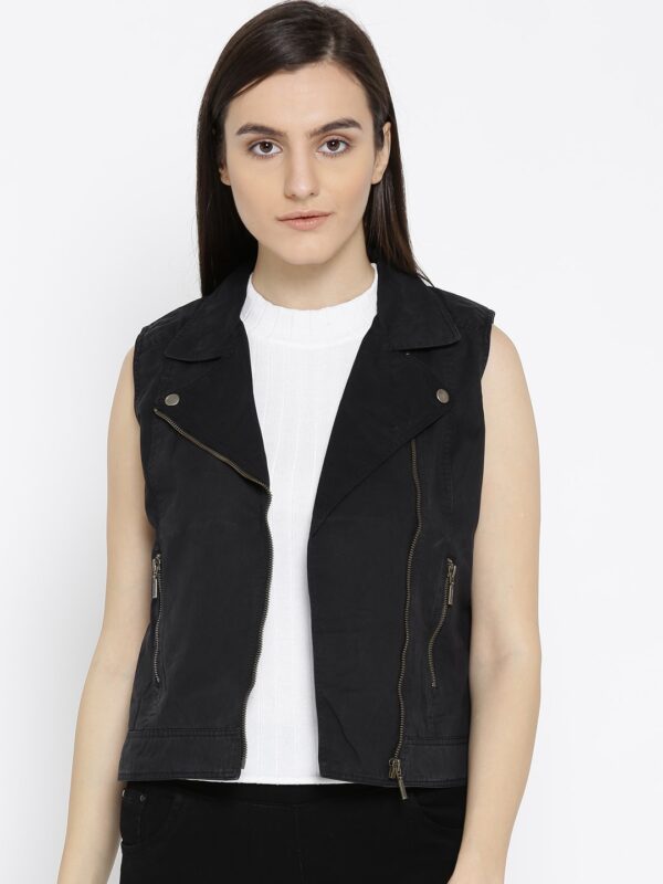 Wills Lifestyle Women Black Solid Asymmetric Closure Biker Jacket