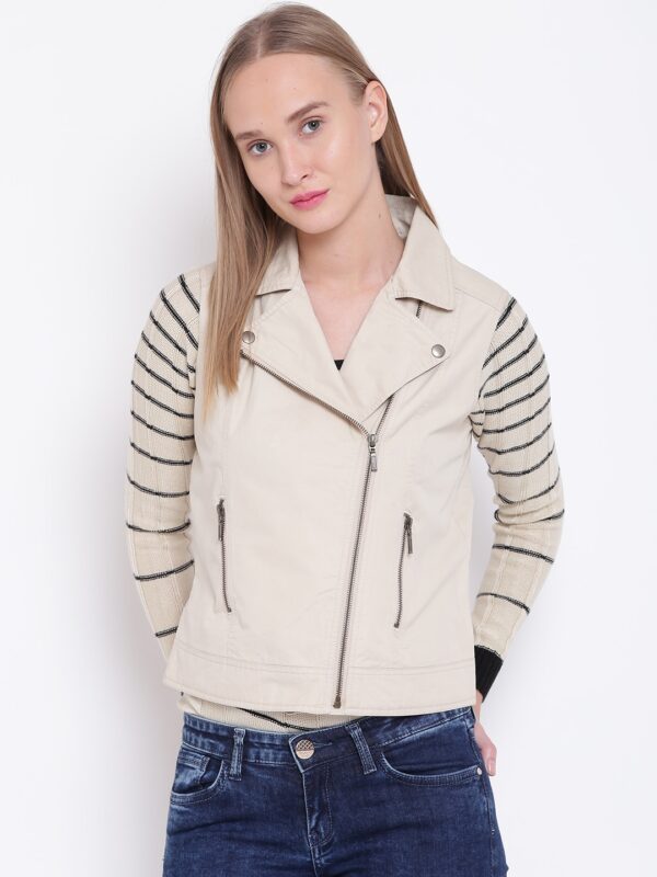 Wills Lifestyle Women Beige Solid Sleeveless Biker Jacket