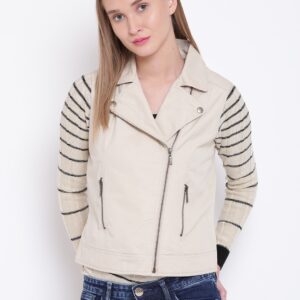 Wills Lifestyle Women Beige Solid Sleeveless Biker Jacket