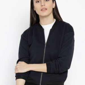 Wills Lifestyle Women Navy Blue Self Design Bomber Jacket