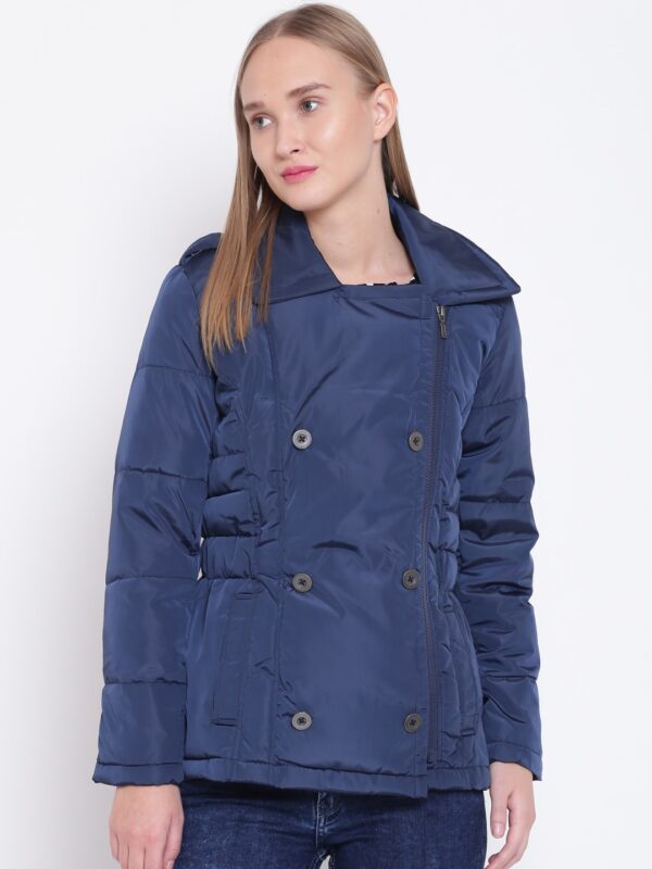 Wills Lifestyle Women Navy Solid Quilted Jacket