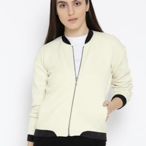 Wills Lifestyle Women Cream-Coloured Self Design Bomber Jacket