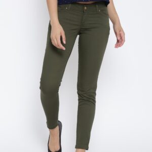 Wills Lifestyle Women Olive  Skinny Fit Solid Ankle-Length Trousers