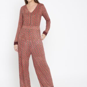 Wills Lifestyle Red  Beige Printed Basic Jumpsuit