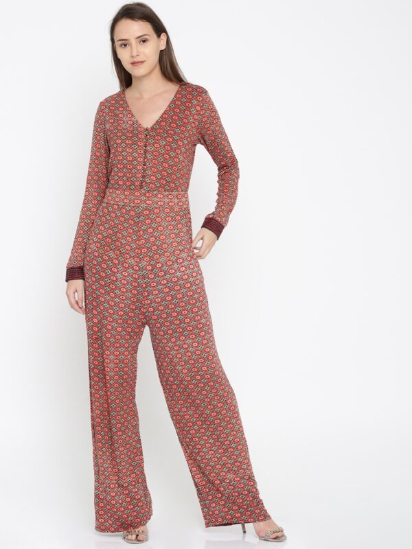 Wills Lifestyle Red  Beige Printed Basic Jumpsuit