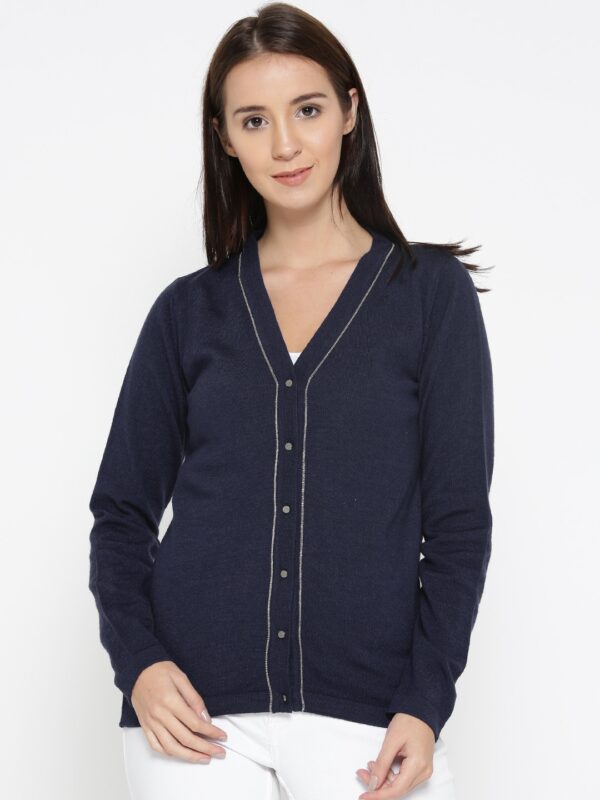 Wills Lifestyle Women Navy Merino Wool Solid Cardigan