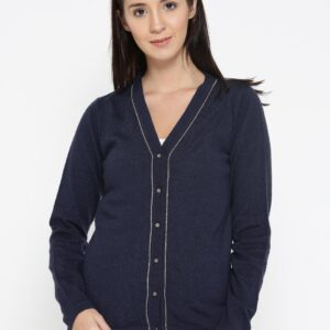 Wills Lifestyle Women Navy Merino Wool Solid Cardigan