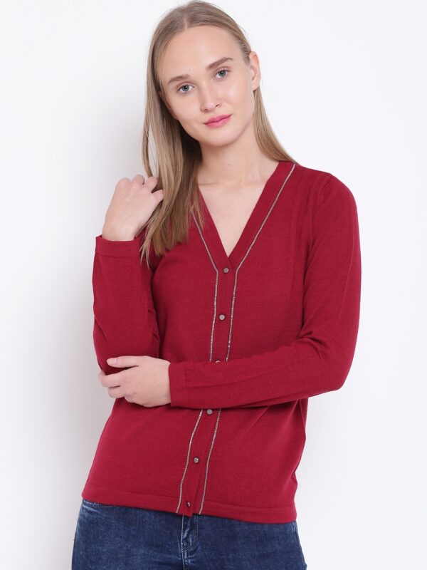 Wills Lifestyle Women Maroon Solid Cardigan