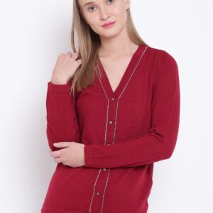 Wills Lifestyle Women Maroon Solid Cardigan