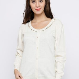 Wills Lifestyle Women Off-White Woollen Solid Cardigan