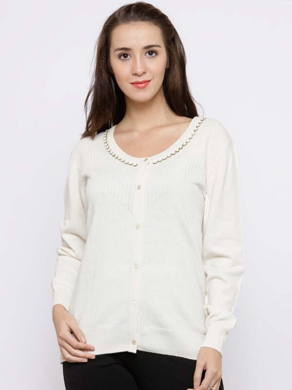 Wills Lifestyle Women Off-White Woollen Solid Cardigan