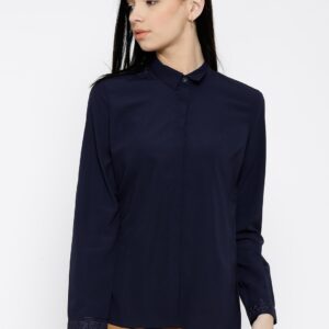 Wills Lifestyle Navy Polyester Embroidered Back Yoke Formal Shirt