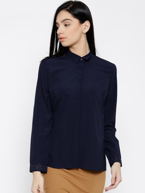 Wills Lifestyle Navy Polyester Embroidered Back Yoke Formal Shirt