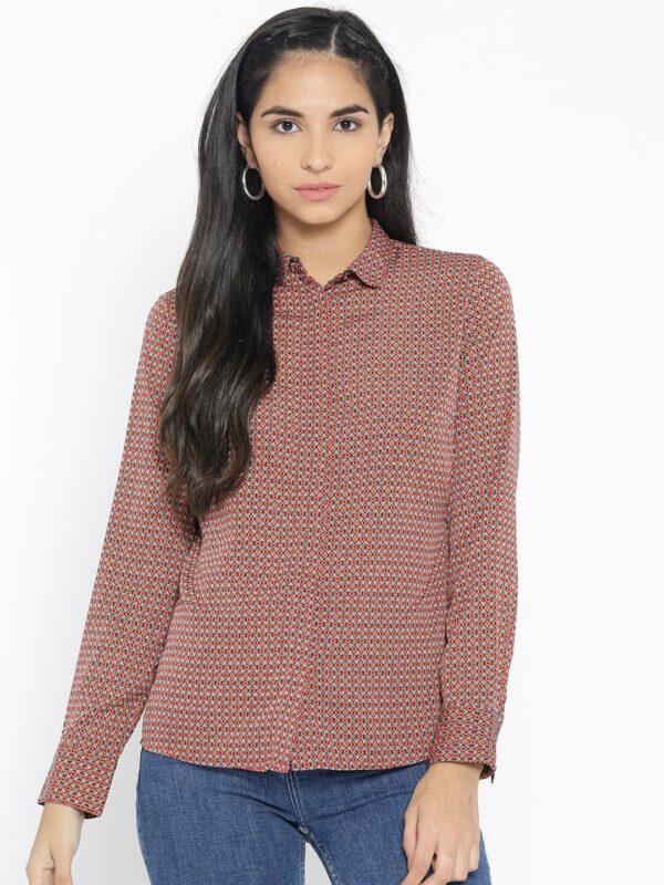 Wills Lifestyle Women Brick Red  Off-White Printed Casual Shirt