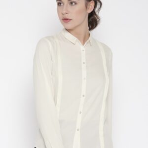 Wills Lifestyle Women Cream-Coloured Solid Casual Shirt