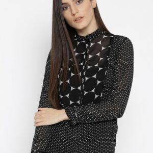 Wills Lifestyle Women Black  Off-White Semi-Sheer Printed Formal Shirt