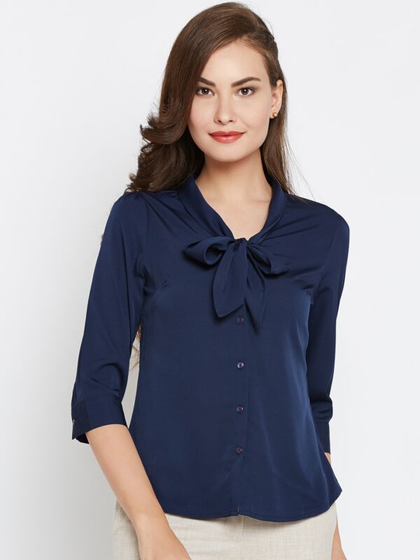 Wills Lifestyle Women Navy Solid Shirt Style Top