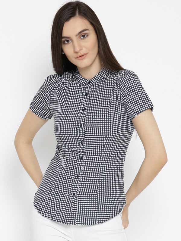 Wills Lifestyle Women Navy  White Checked Formal Shirt