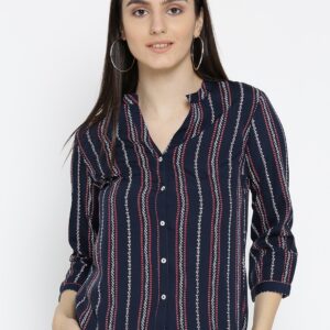 Wills Lifestyle Women Navy Blue  Maroon Striped Formal Shirt