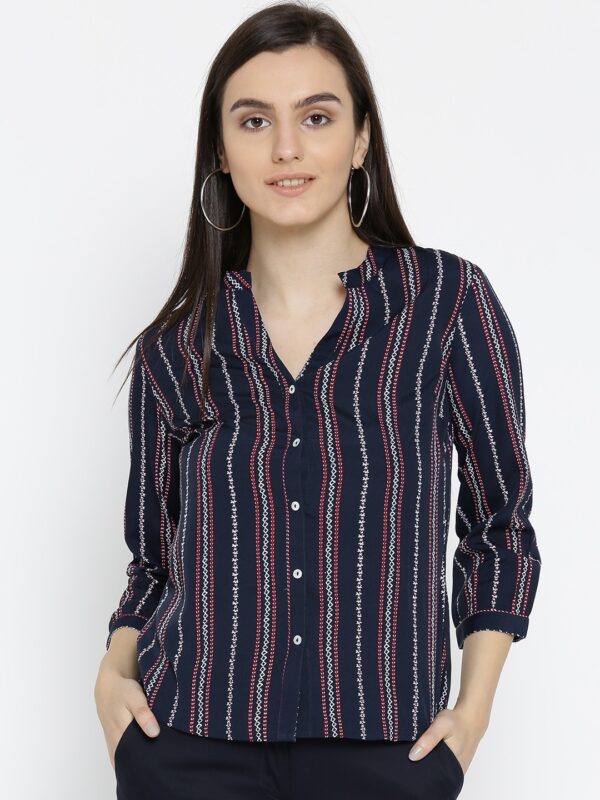 Wills Lifestyle Women Navy Blue  Maroon Striped Formal Shirt