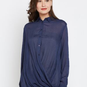 Wills Lifestyle Women Navy Self-Design Semi-Sheer Shirt Style Top