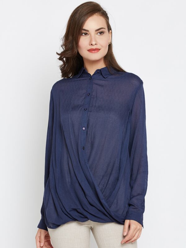 Wills Lifestyle Women Navy Self-Design Semi-Sheer Shirt Style Top