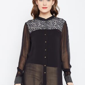 Wills Lifestyle Women Black Solid Sheer Casual Shirt