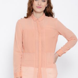 Wills Lifestyle Women Peach-Co loured Solid Sheer Formal Shirt