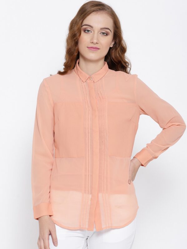 Wills Lifestyle Women Peach-Co loured Solid Sheer Formal Shirt